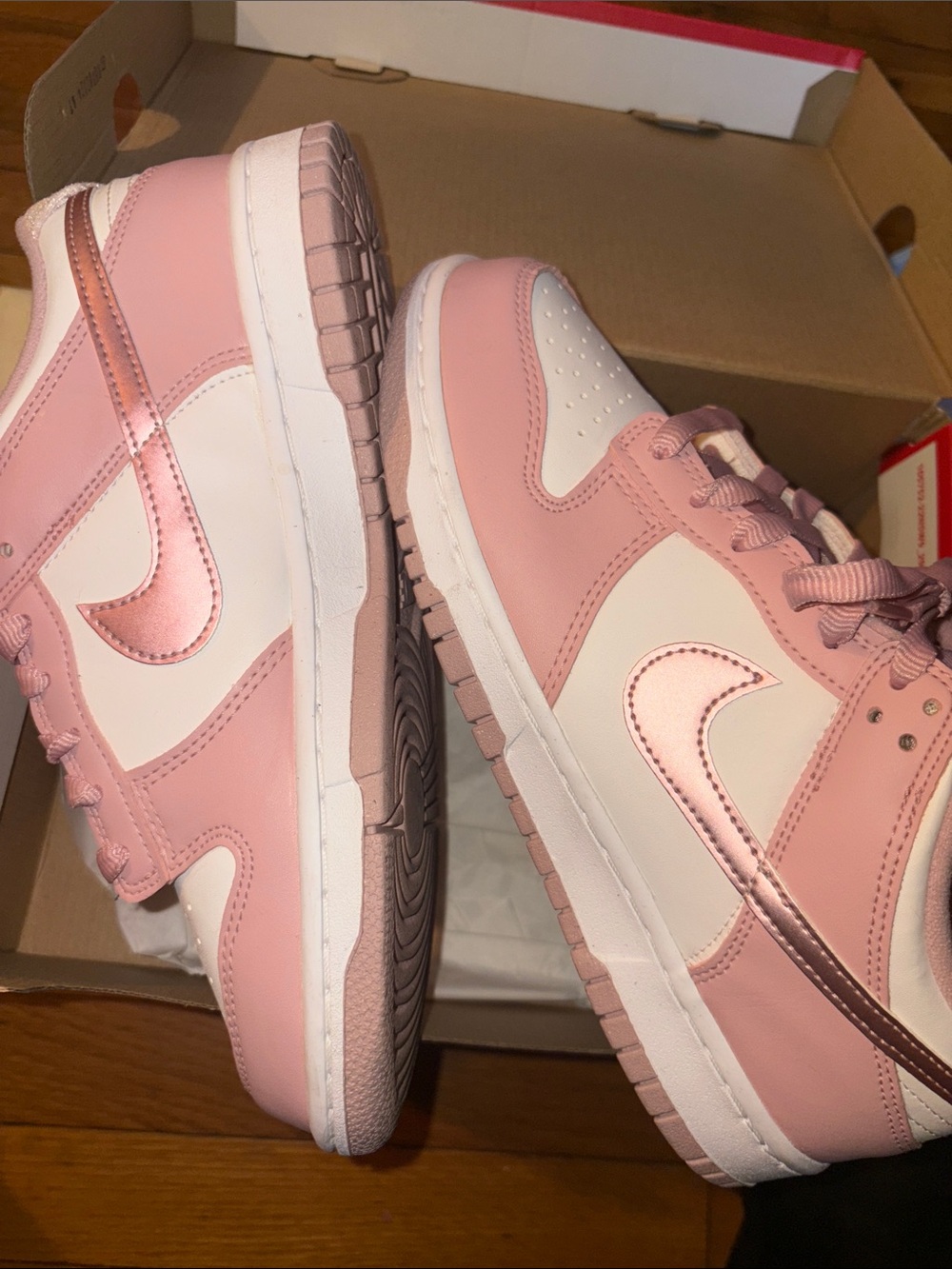 Nike Pink and White Low-Top Sneakers with Metallic Swoosh - Picture 3 of 5